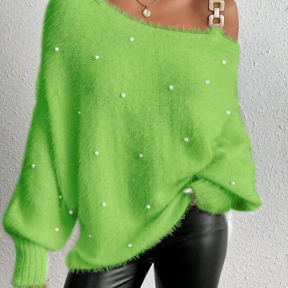 Mint Green Women's Casual Asymmetric Sweater with Faux Pearl & Metal Ring Detail - Picture 5 of 7